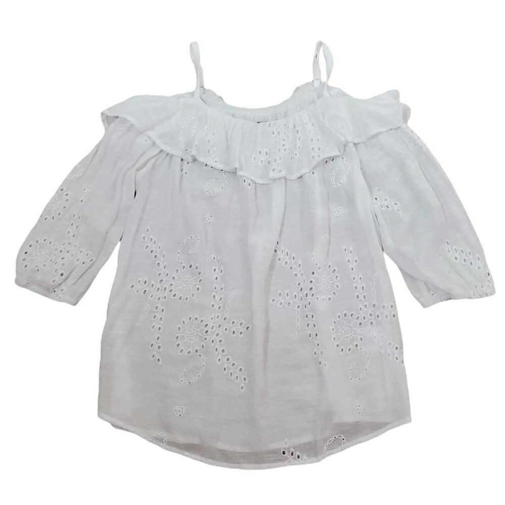 💎227 Simply Styled Cold Shoulder Embroidered Eyelet Cut Top